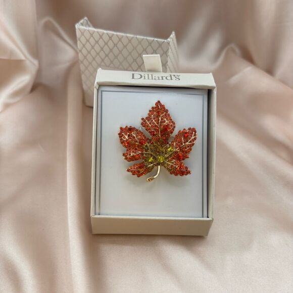 Dilards Jewelry - Stunning Fall Leaf Brooch – Orange & Gold Crystal Maple Leaf Pin